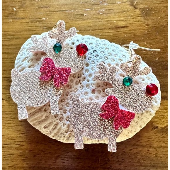 Rudolph Reindeer Earrings Handmade Christmas Whimsical Hooks Glitter Acc… - Picture 10 of 12